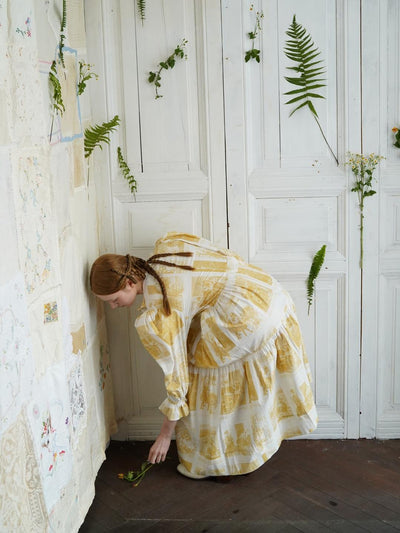 Unlogical Poem Retro Illustrated Print Ruffled Puff Sleeve Dress