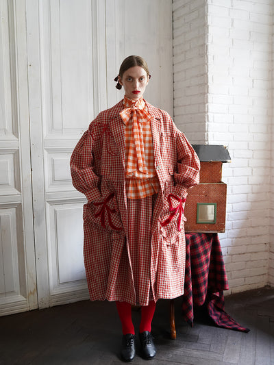 Unlogical Poem Bow and Heart Patchwork Embroidery Gingham Linen Long Coat