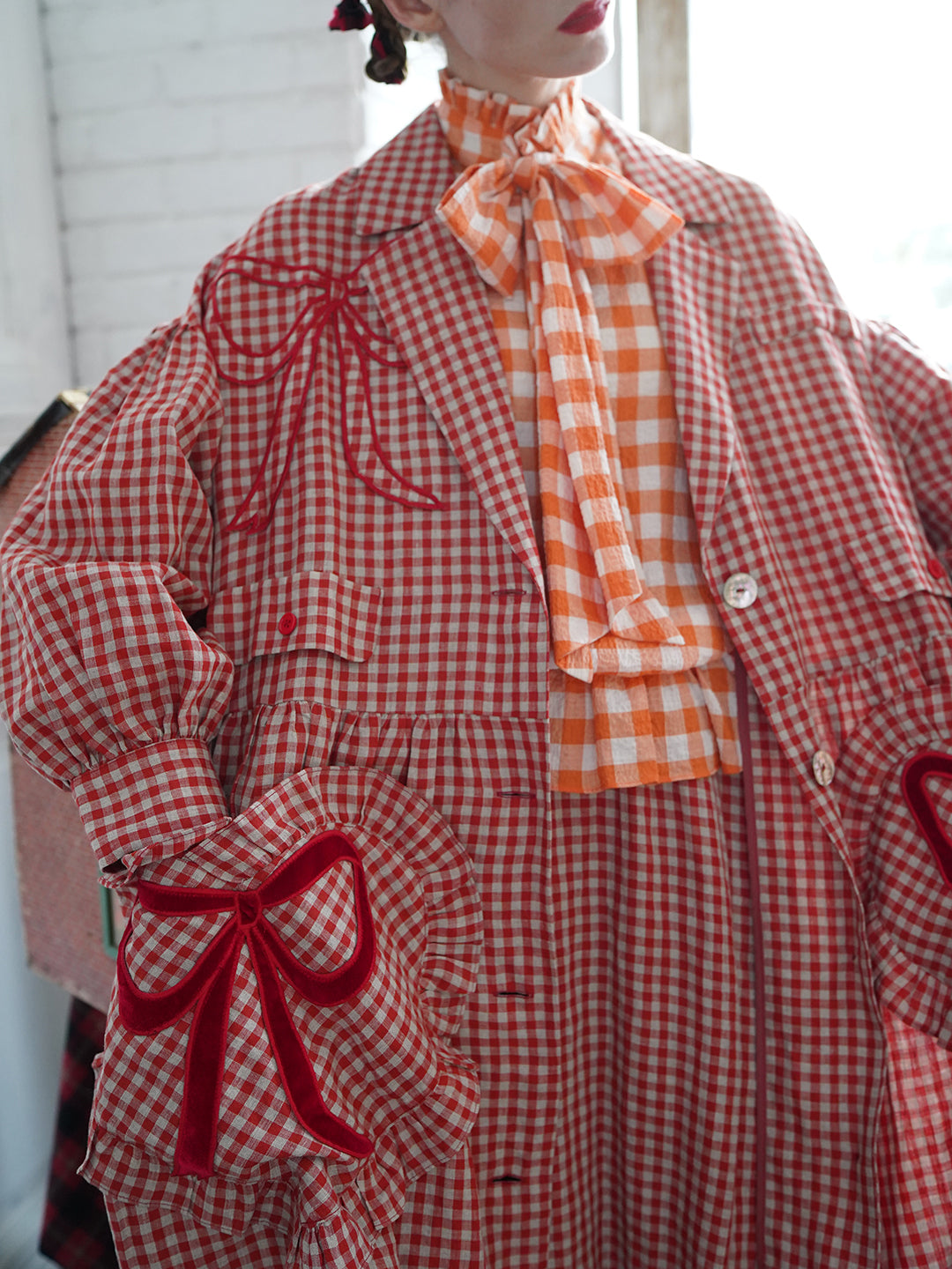 Unlogical Poem Bow and Heart Patchwork Embroidery Gingham Linen Long Coat