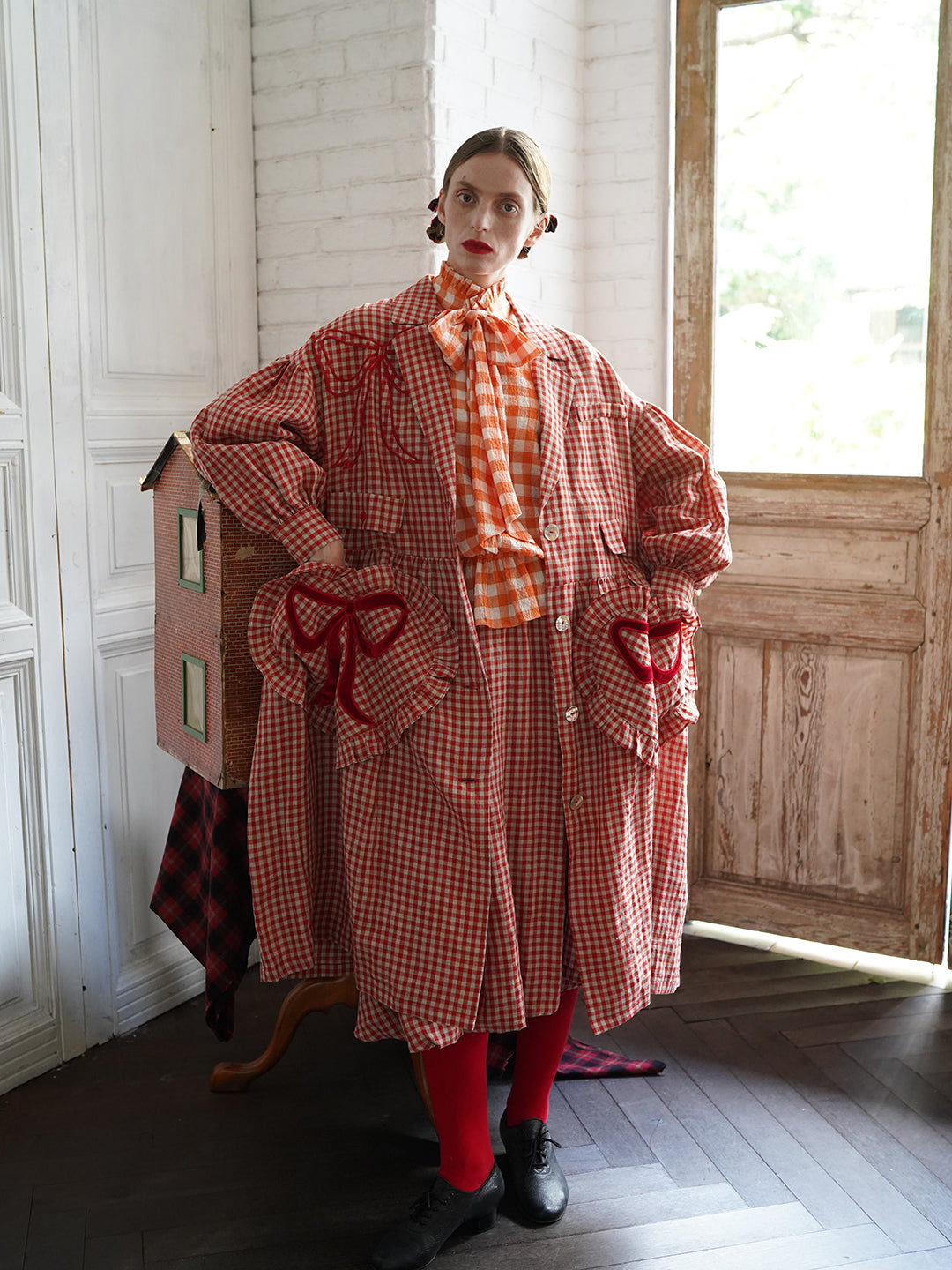 Unlogical Poem Bow and Heart Patchwork Embroidery Gingham Linen Long Coat