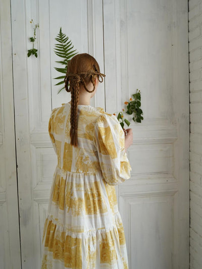 Unlogical Poem Retro Illustrated Print Ruffled Puff Sleeve Dress