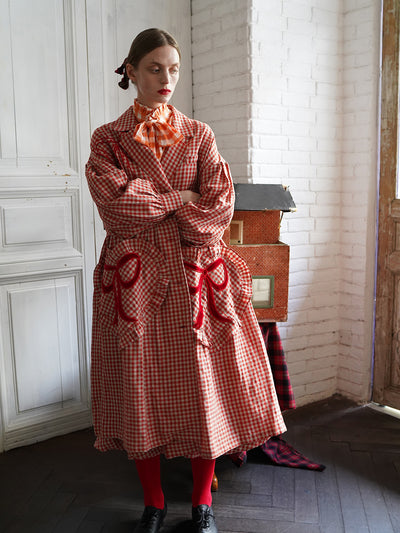 Unlogical Poem Bow and Heart Patchwork Embroidery Gingham Linen Long Coat