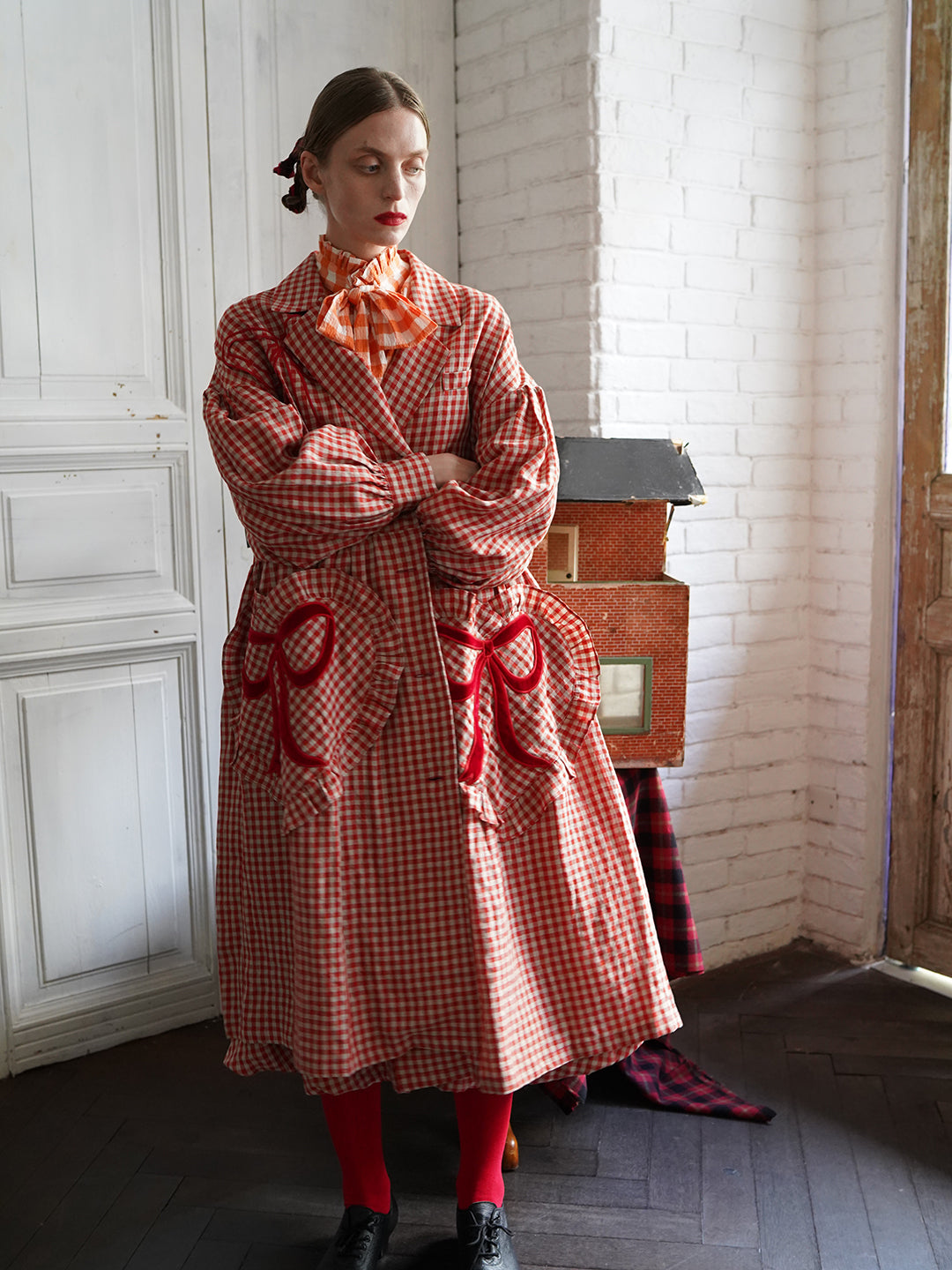 Unlogical Poem Bow and Heart Patchwork Embroidery Gingham Linen Long Coat