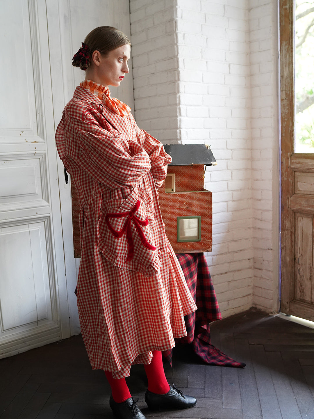 Unlogical Poem Bow and Heart Patchwork Embroidery Gingham Linen Long Coat