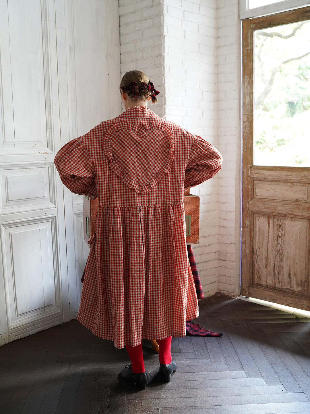 Unlogical Poem Bow and Heart Patchwork Embroidery Gingham Linen Long Coat