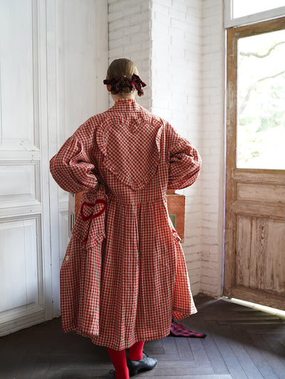 Unlogical Poem Bow and Heart Patchwork Embroidery Gingham Linen Long Coat