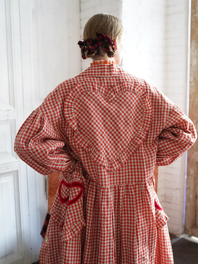 Unlogical Poem Bow and Heart Patchwork Embroidery Gingham Linen Long Coat