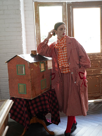 Unlogical Poem Bow and Heart Patchwork Embroidery Gingham Linen Long Coat