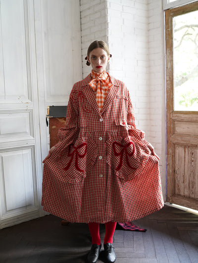 Unlogical Poem Bow and Heart Patchwork Embroidery Gingham Linen Long Coat