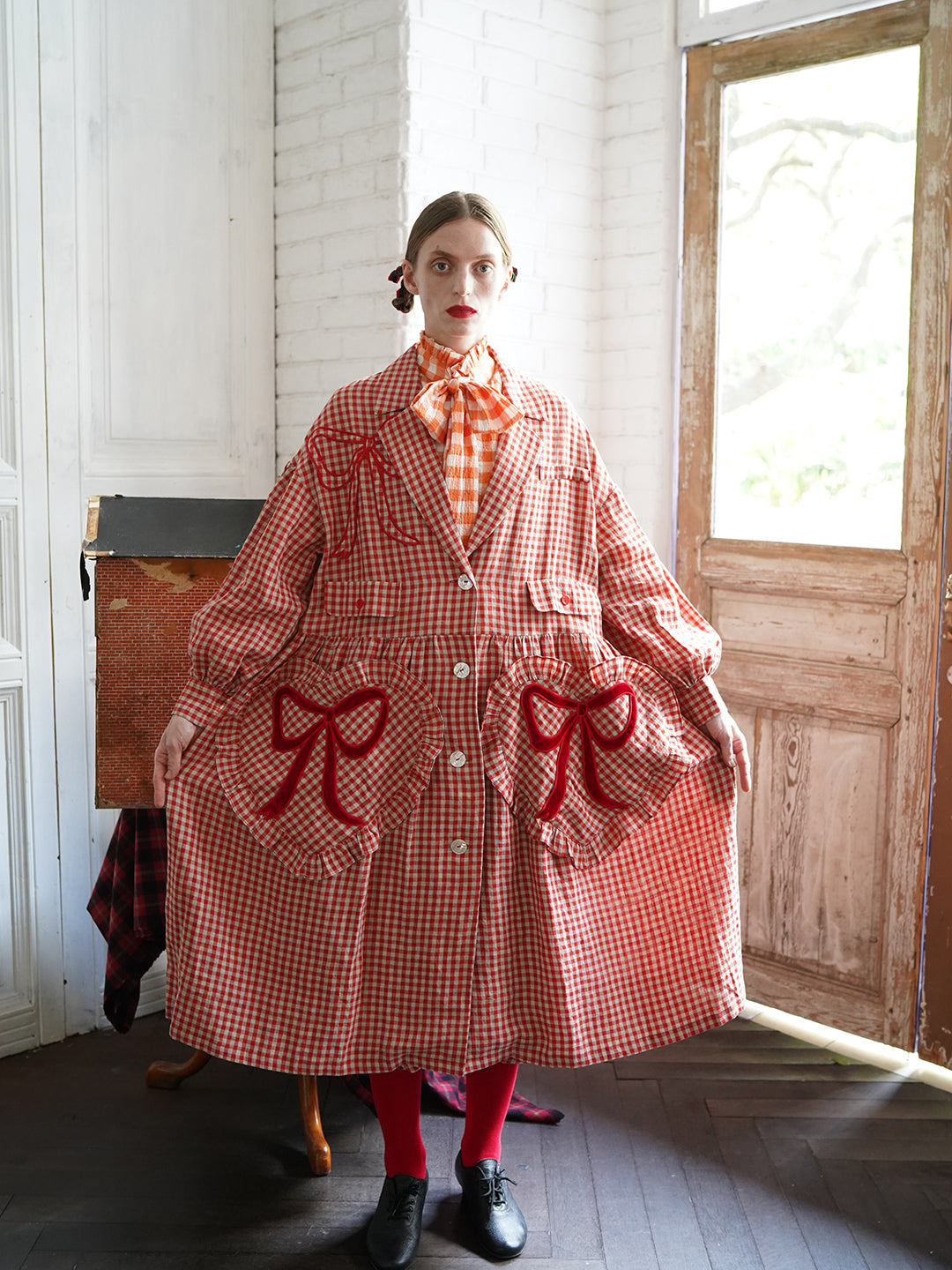 Unlogical Poem Bow and Heart Patchwork Embroidery Gingham Linen Long Coat