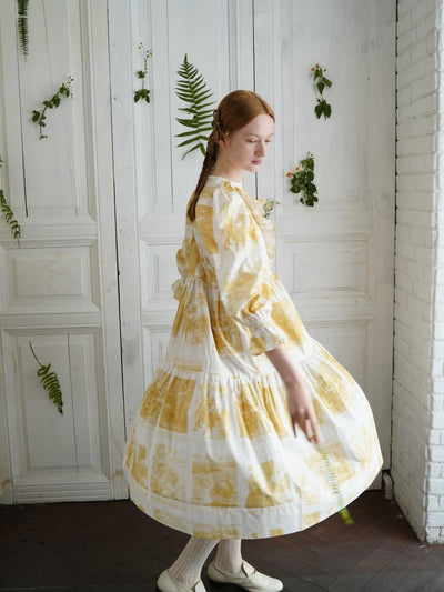 Unlogical Poem Retro Illustrated Print Ruffled Puff Sleeve Dress