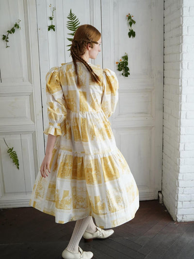 Unlogical Poem Retro Illustrated Print Ruffled Puff Sleeve Dress