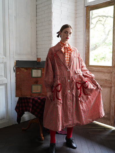 Unlogical Poem Bow and Heart Patchwork Embroidery Gingham Linen Long Coat
