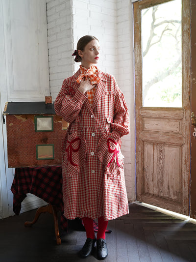 Unlogical Poem Bow and Heart Patchwork Embroidery Gingham Linen Long Coat