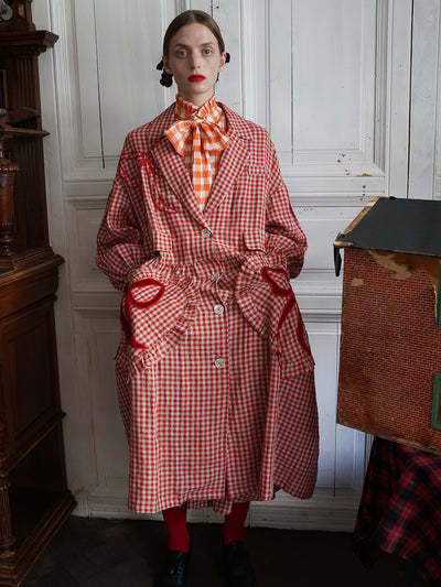 Unlogical Poem Bow and Heart Patchwork Embroidery Gingham Linen Long Coat