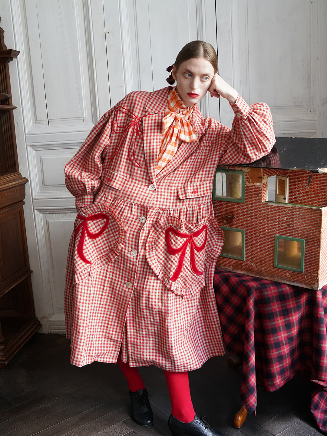Unlogical Poem Bow and Heart Patchwork Embroidery Gingham Linen Long Coat
