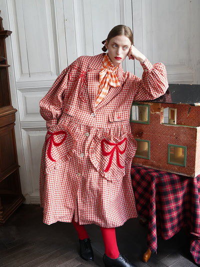 Unlogical Poem Bow and Heart Patchwork Embroidery Gingham Linen Long Coat