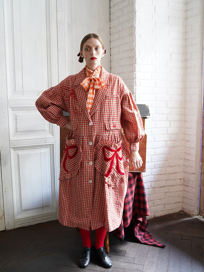 Unlogical Poem Bow and Heart Patchwork Embroidery Gingham Linen Long Coat