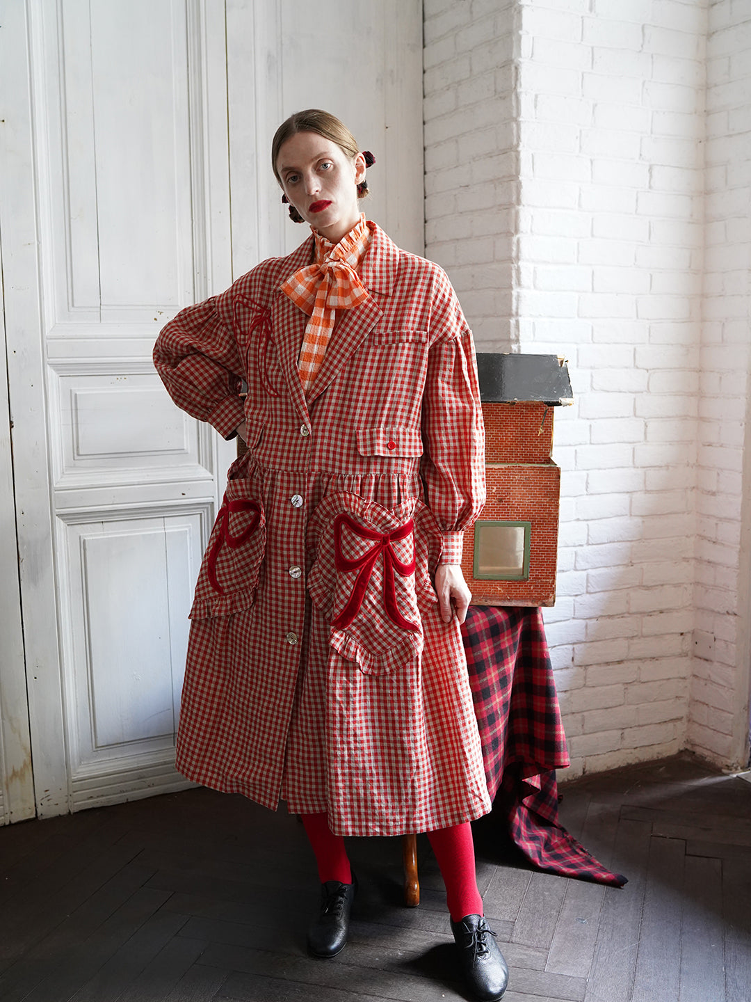 Unlogical Poem Bow and Heart Patchwork Embroidery Gingham Linen Long Coat