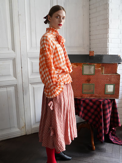 Unlogical Poem Victorian-style Orange Gingham Bow Shirt