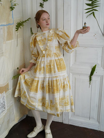 Unlogical Poem Retro Illustrated Print Ruffled Puff Sleeve Dress