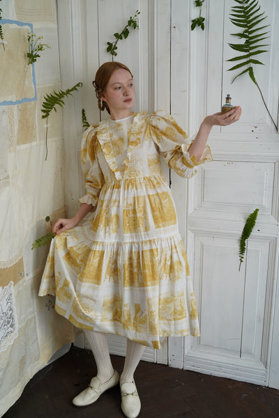 Unlogical Poem Retro Illustrated Print Ruffled Puff Sleeve Dress