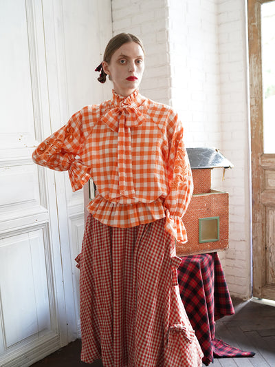 Unlogical Poem Victorian-style Orange Gingham Bow Shirt