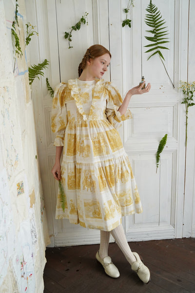 Unlogical Poem Retro Illustrated Print Ruffled Puff Sleeve Dress