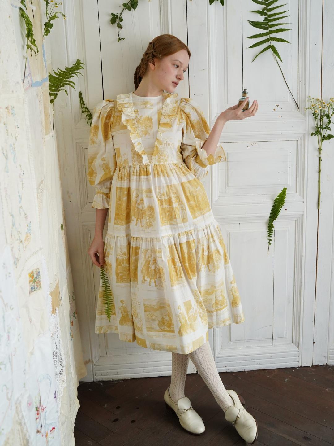 Unlogical Poem Retro Illustrated Print Ruffled Puff Sleeve Dress