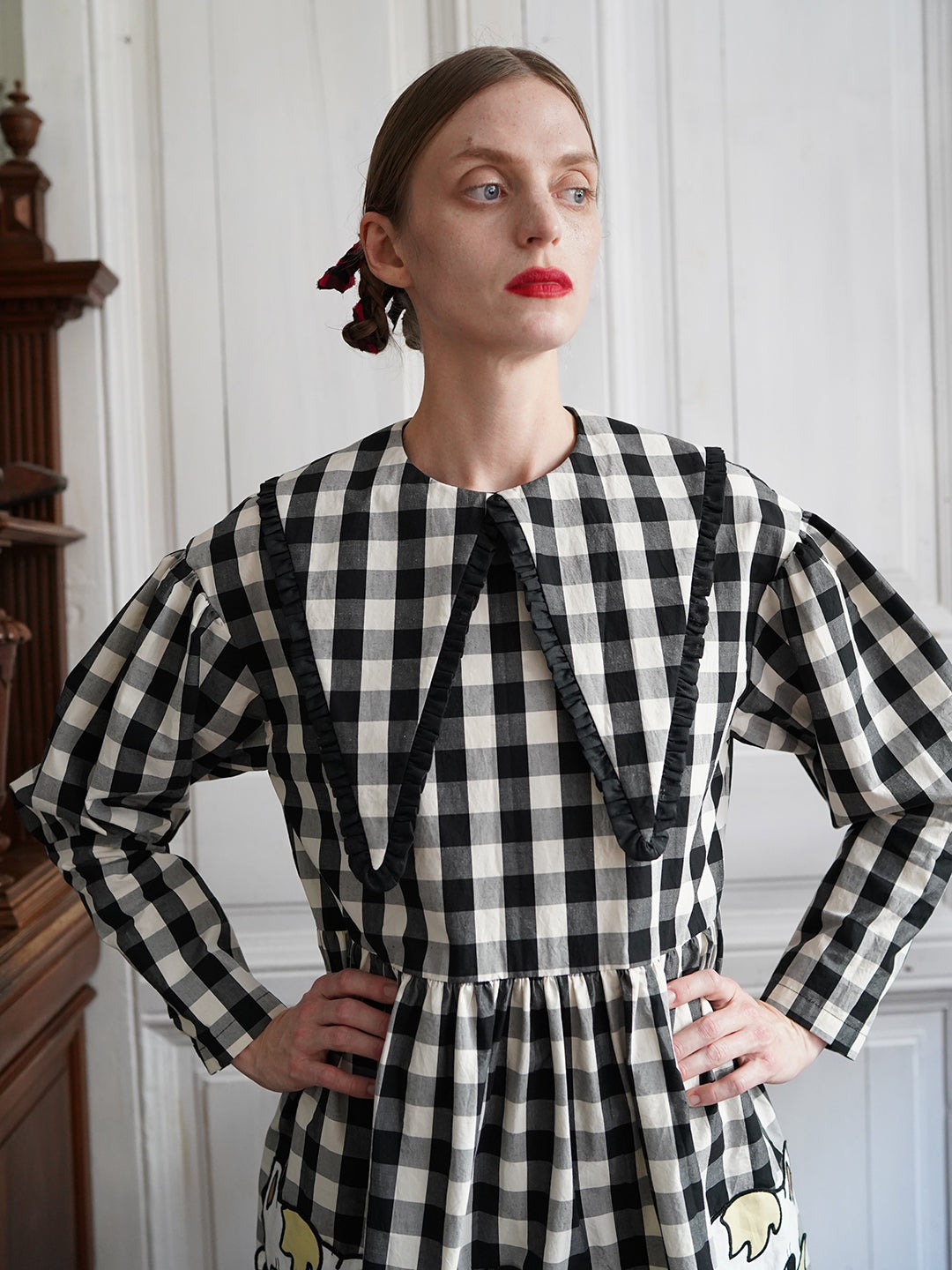 Unlogical Poem Retro-style Cat Embroidered Gingham Gigot Sleeve Flax Dress