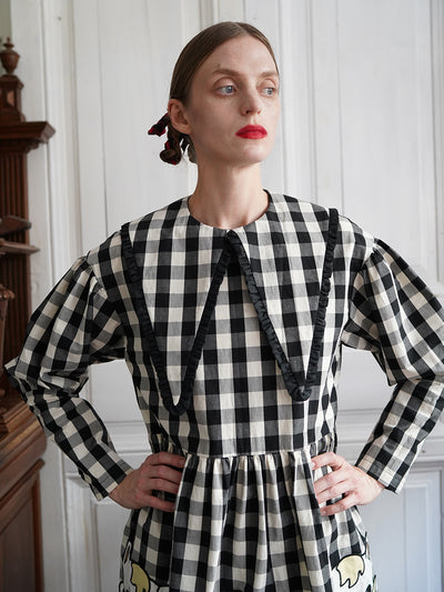 Unlogical Poem Retro-style Cat Embroidered Gingham Gigot Sleeve Flax Dress