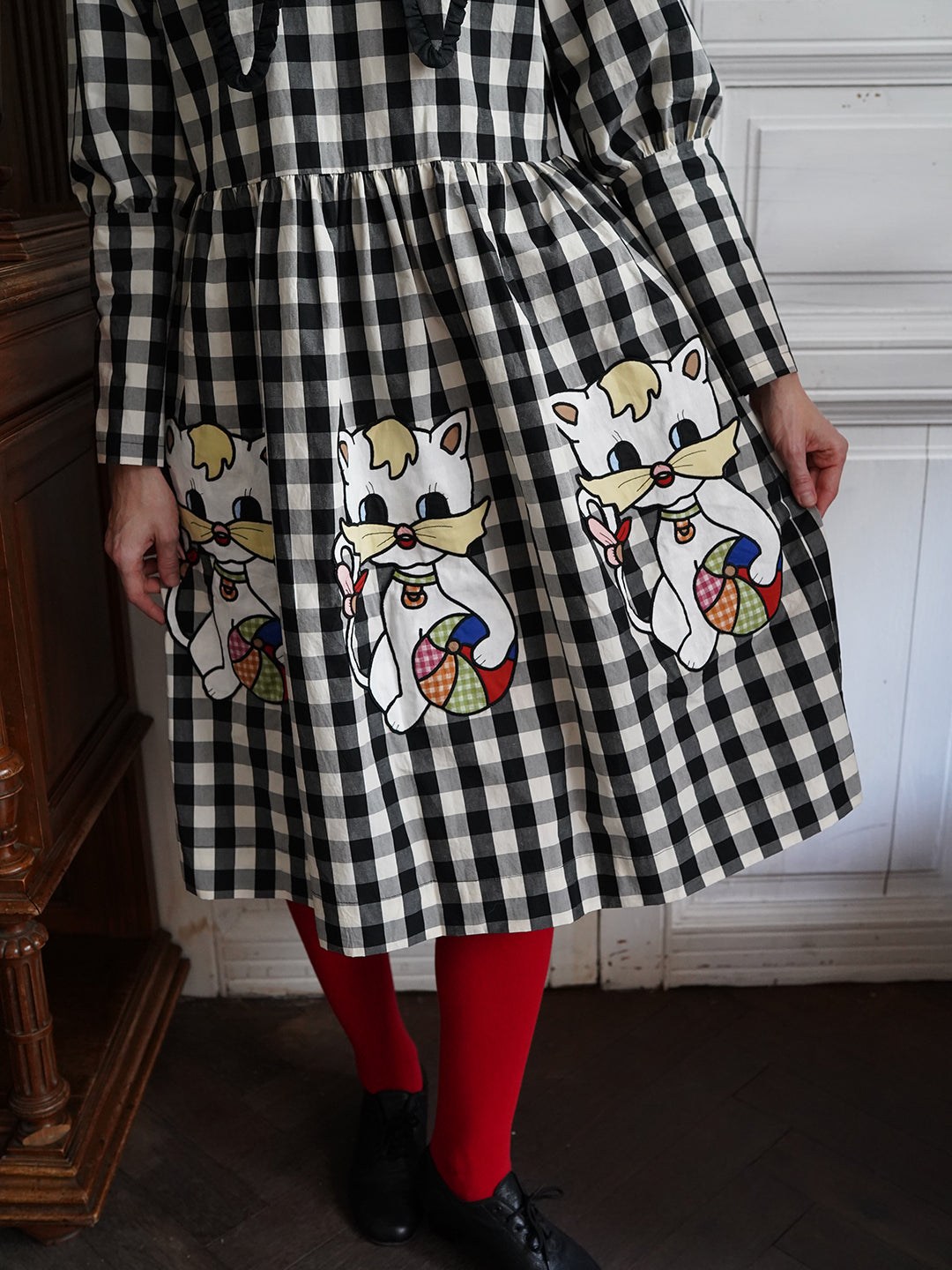 Unlogical Poem Retro-style Cat Embroidered Gingham Gigot Sleeve Flax Dress