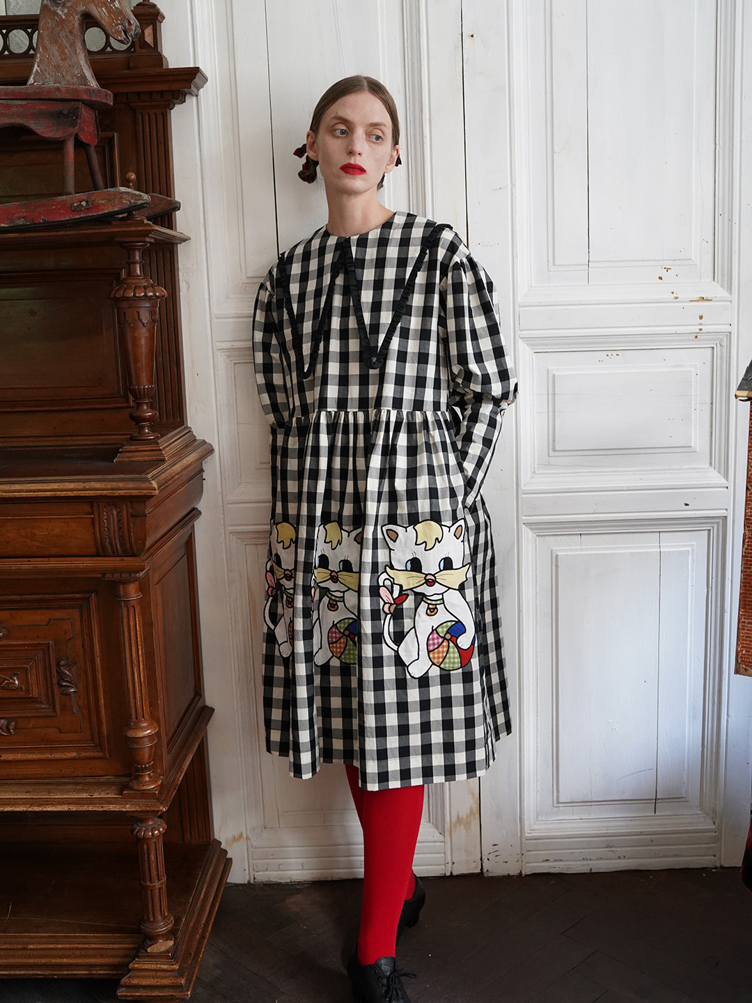 Unlogical Poem Retro-style Cat Embroidered Gingham Gigot Sleeve Flax Dress