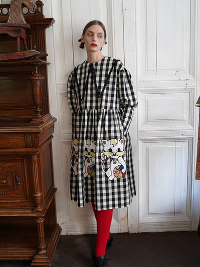 Unlogical Poem Retro-style Cat Embroidered Gingham Gigot Sleeve Flax Dress