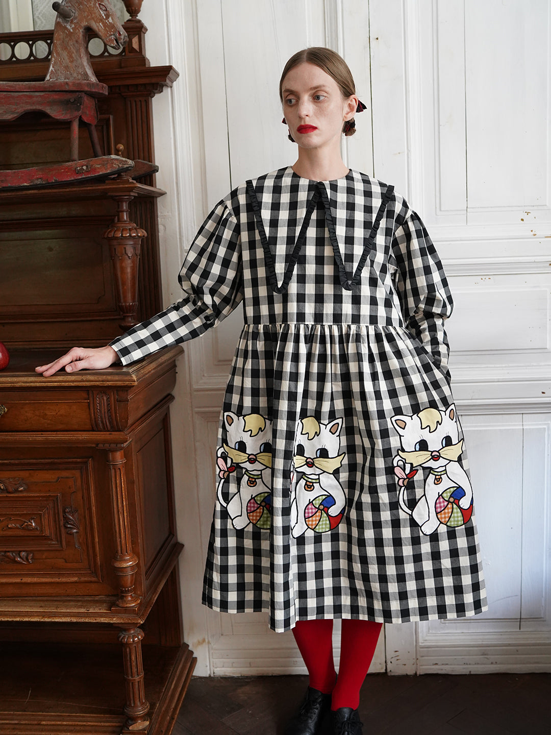 Unlogical Poem Retro-style Cat Embroidered Gingham Gigot Sleeve Flax Dress