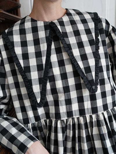 Unlogical Poem Retro-style Cat Embroidered Gingham Gigot Sleeve Flax Dress