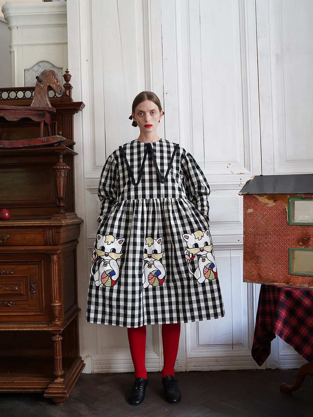 Unlogical Poem Retro-style Cat Embroidered Gingham Gigot Sleeve Flax Dress