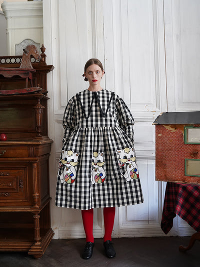 Unlogical Poem Retro-style Cat Embroidered Gingham Gigot Sleeve Flax Dress