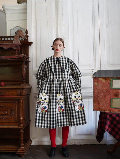 Unlogical Poem Retro-style Cat Embroidered Gingham Gigot Sleeve Flax Dress