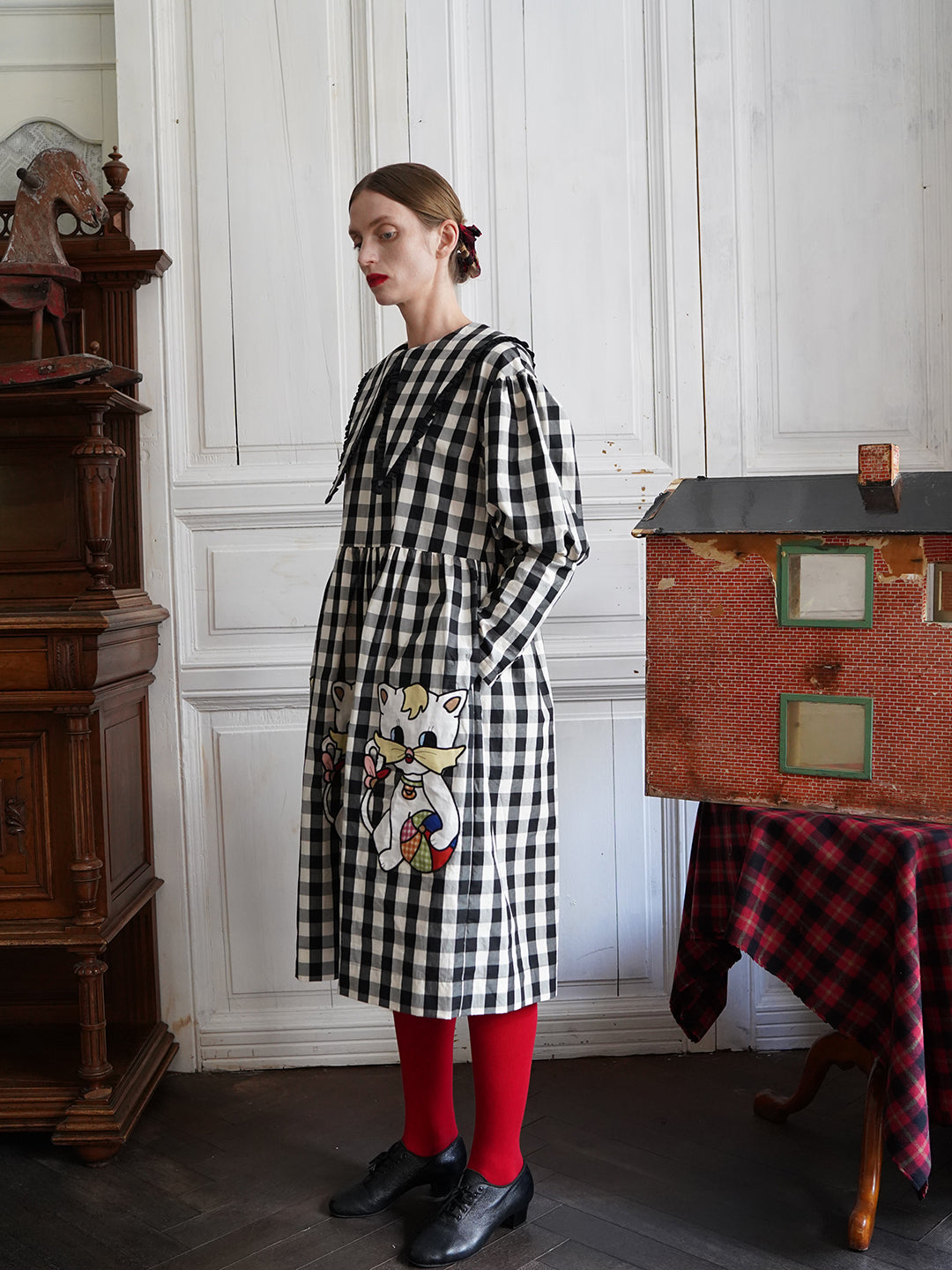 Unlogical Poem Retro-style Cat Embroidered Gingham Gigot Sleeve Flax Dress