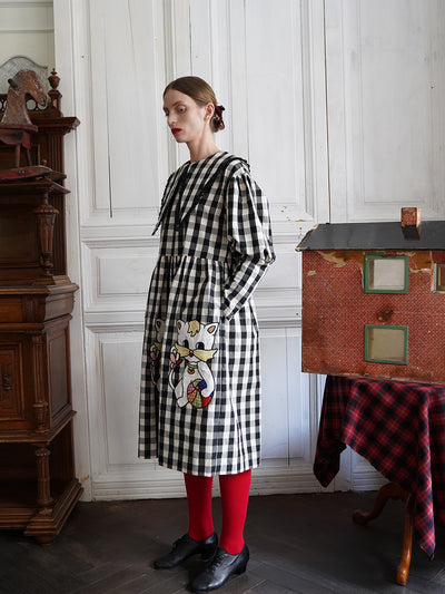 Unlogical Poem Retro-style Cat Embroidered Gingham Gigot Sleeve Flax Dress