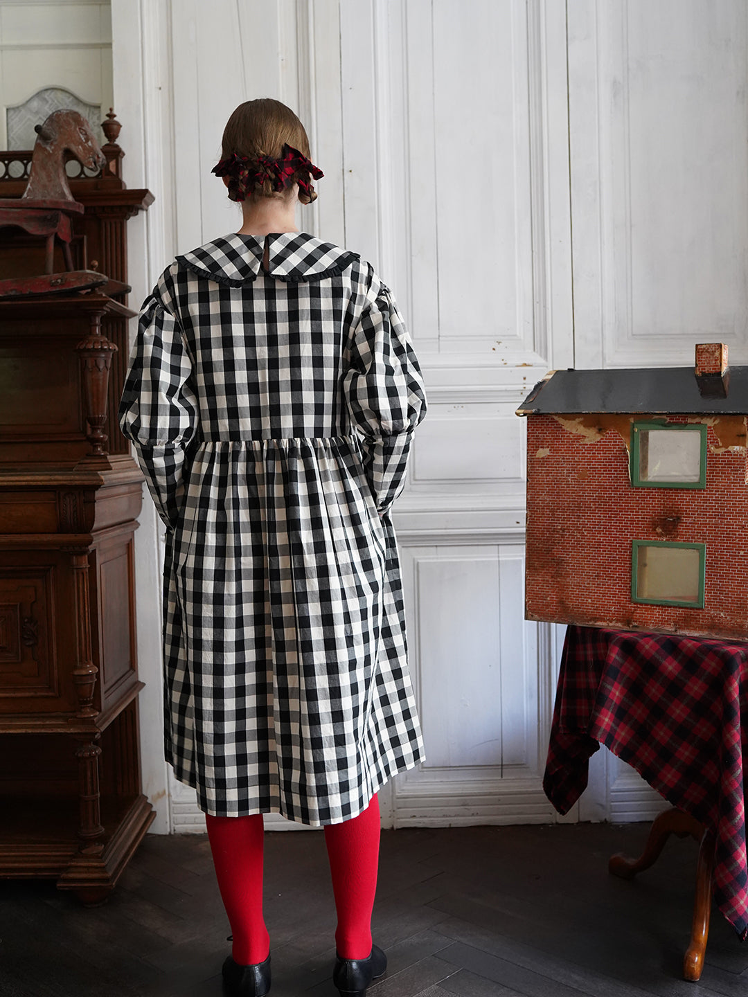 Unlogical Poem Retro-style Cat Embroidered Gingham Gigot Sleeve Flax Dress