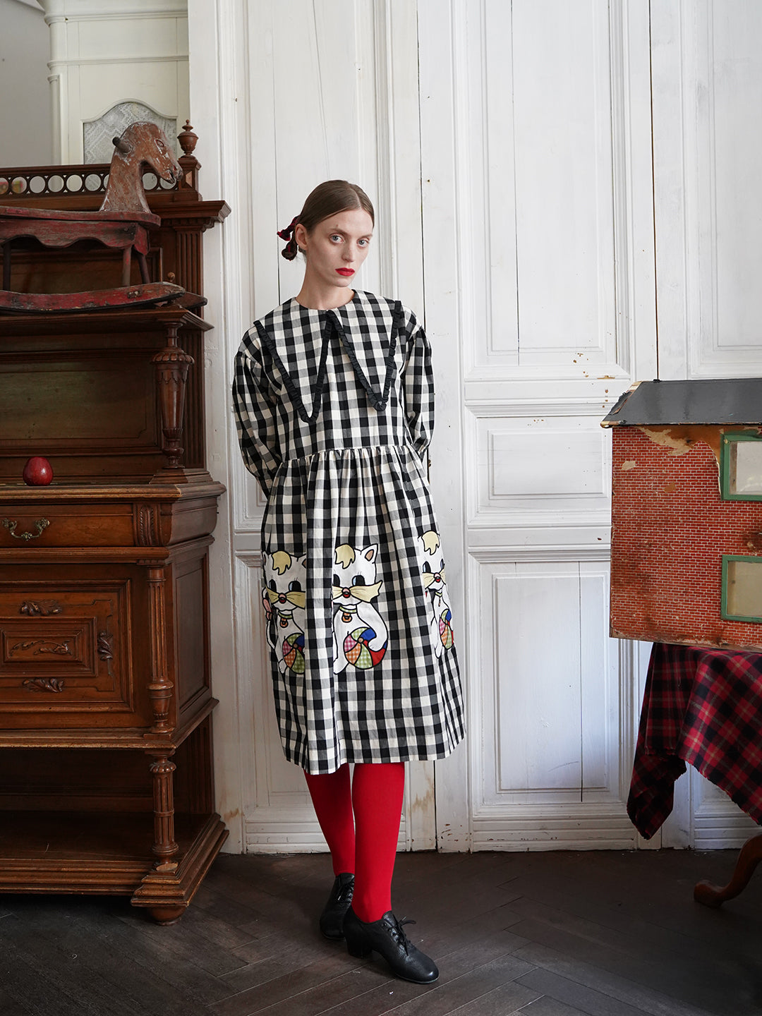 Unlogical Poem Retro-style Cat Embroidered Gingham Gigot Sleeve Flax Dress