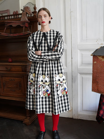 Unlogical Poem Retro-style Cat Embroidered Gingham Gigot Sleeve Flax Dress