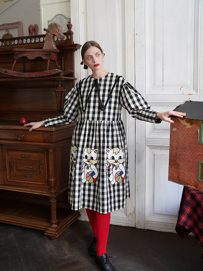Unlogical Poem Retro-style Cat Embroidered Gingham Gigot Sleeve Flax Dress