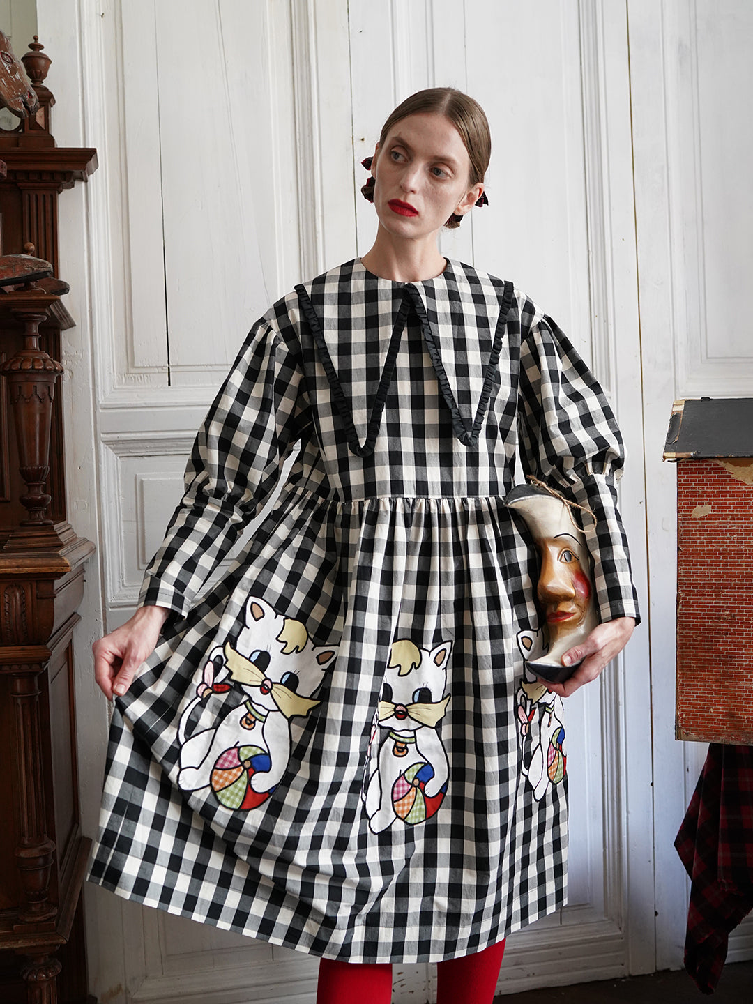 Unlogical Poem Retro-style Cat Embroidered Gingham Gigot Sleeve Flax Dress