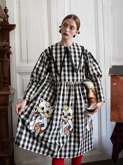 Unlogical Poem Retro-style Cat Embroidered Gingham Gigot Sleeve Flax Dress