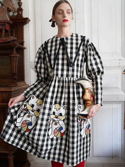 Unlogical Poem Retro-style Cat Embroidered Gingham Gigot Sleeve Flax Dress