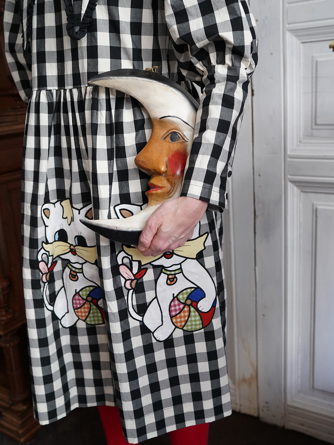 Unlogical Poem Retro-style Cat Embroidered Gingham Gigot Sleeve Flax Dress