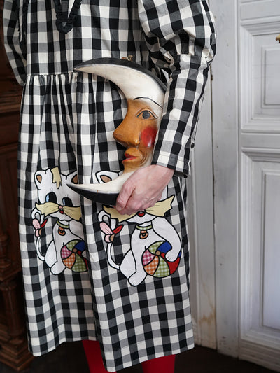 Unlogical Poem Retro-style Cat Embroidered Gingham Gigot Sleeve Flax Dress